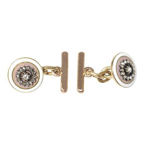 Early 20th Century Buttons now Cufflinks in Pink Guilloche Enamel & Diamonds, French circa 1900.
