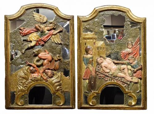 Pair of wooden reliefs of Saint Michael & Lawrence. Spanish, late 17th century