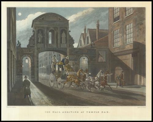 The Mail Arriving at Temple Bar, By BAILY, J. after NEWHOUSE, C[harles] B., 1834