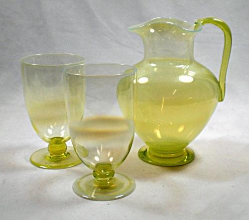 yellow opal glass lemonade set of jug and two glasses, James Powell, Whitefriars Glass, London circa 1880