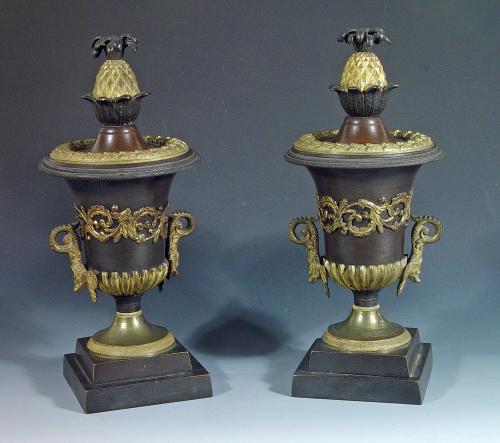 English Bronze and Ormolu Pinneapple topped Urns with Reversible Candlestick Tops, Circa 1815-30
