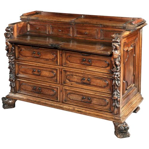 16th century Italian Renaissance Lombardy walnut cassettone writing cabinet with fitted bureau and bambocci carving