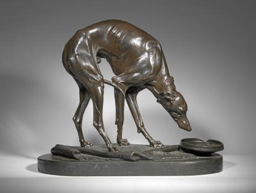Italian Greyhound drinking from a Bowl, life-size, c. 1880