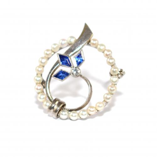 Art Deco Pearl, Diamond & Sapphire Circle Brooch c.1930