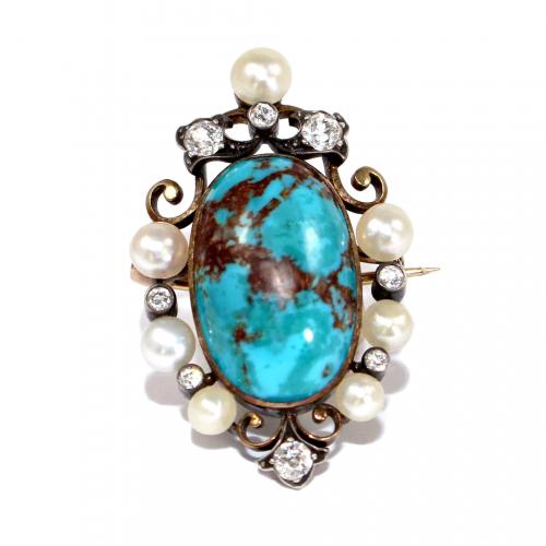 Art Nouveau Turquoise Pearl and Diamond Brooch