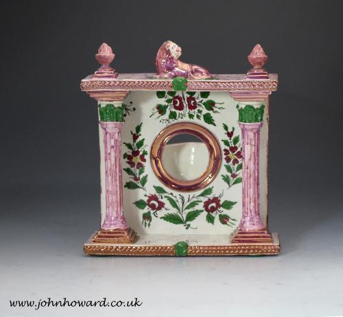 Antique English pottery pink luster watch holder stand early 19th century