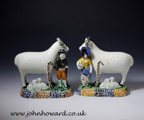 Antique Yorkshire Prattware pottery figures of Rams with attendants, English circa 1810