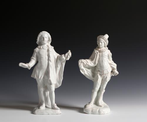 Two Strasbourg Faience Commedia Dell’Arte Figures of Mezzetin and L'Indifférent