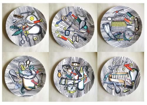 Vintage Piero Fornasetti Porcelain Set of Six Plates with Bird Hunting Objects, Oggetti Caccia, 1950s