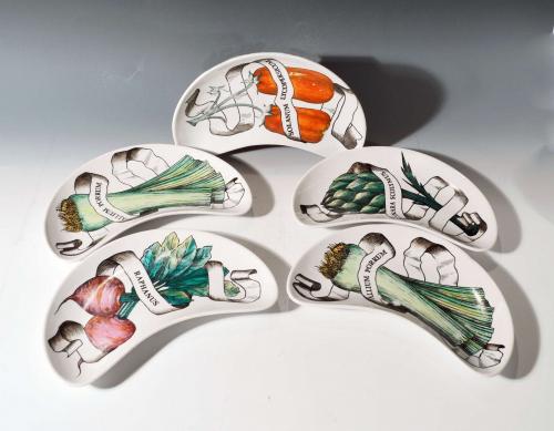 Five Piero Fornasetti Shaped Ceramic Dishes in Legumi Pattern, 1950s