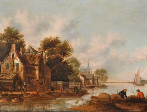 Thomas Heeremans, A river landscape with figures loading fish traps onto boats from the bank by a village