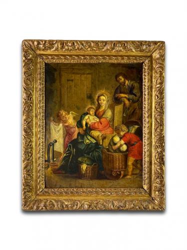 Oil on copper painting of the holy family with putti. Flemish, 17th century
