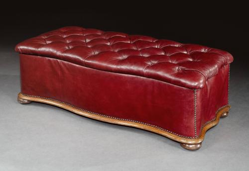 Ottoman, Leather, 19th Century, English, Victorian, Mahogany, Serpentine, Tufted