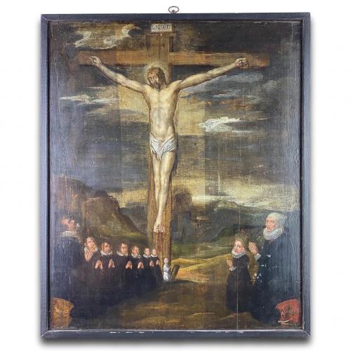 Double sided painting of the crucifixion of christ with donors. German, c.1633