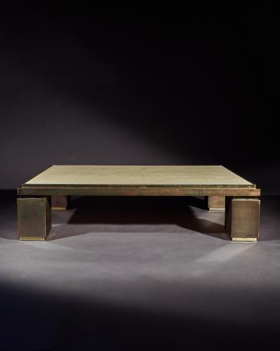 Mid-Century Modern Copper, Brass and Travertine Rectangular Coffee Table