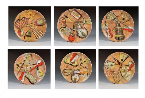 Piero Fornasetti Set of Six Strumenti Musicali Porcelain Plates, 1950s-1960s