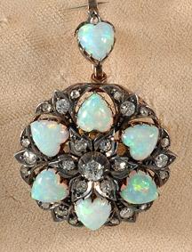 Victorian silver and gold set heart shaped opal and diamond brooch / pendant circa 1900
