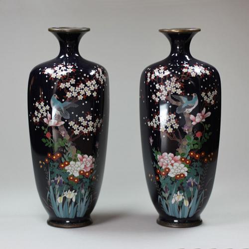 A pair of silver-wired hexagonal cloisonné vases, Meiji period
