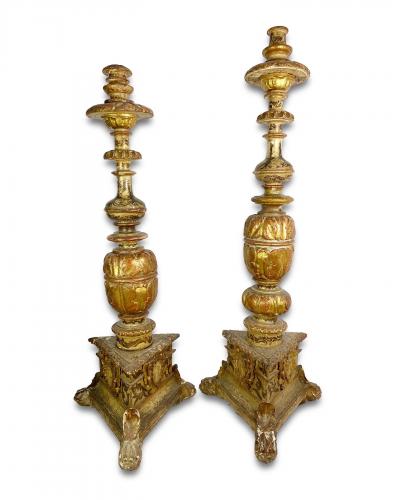 Two large gilt & polychrome wooden torcheres. Spanish, 17th century