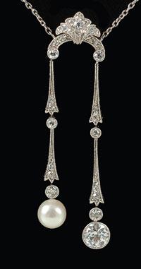 Edwardian French platinum set diamond and natural pearl pendant circa 1910