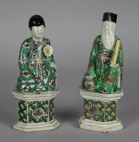 A Pair of Chinese ‘Famille-Verte’ Biscuit Porcelain Figures of a Lady and Gentleman, Qing Dynasty, Kangxi Period