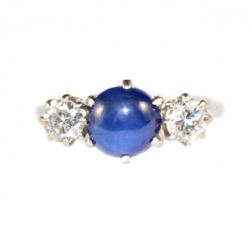 Cabochon Sapphire Diamond 3 stone ring c.1950