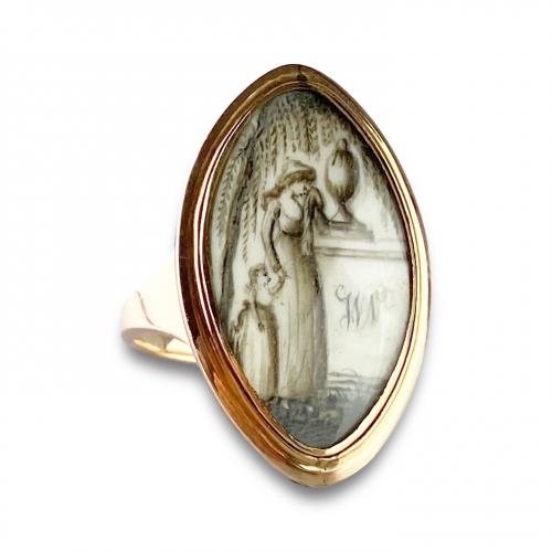 Navette mourning ring containing a grisaille miniature. English, 18th century