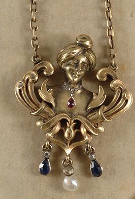 Art Nouveau gold ruby diamond sapphire and pearl pendant circa 1900