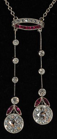 Platinum set negligee natural calibre ruby and diamond pendant circa 1910/20