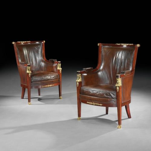 Pair of 19th Century Gilt Bronze Mounted Moroccan Leathered Armchairs, Maison Lalande