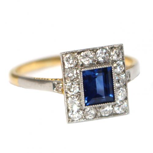 Edwardian Square Sapphire & Diamond Cluster Ring c.1920