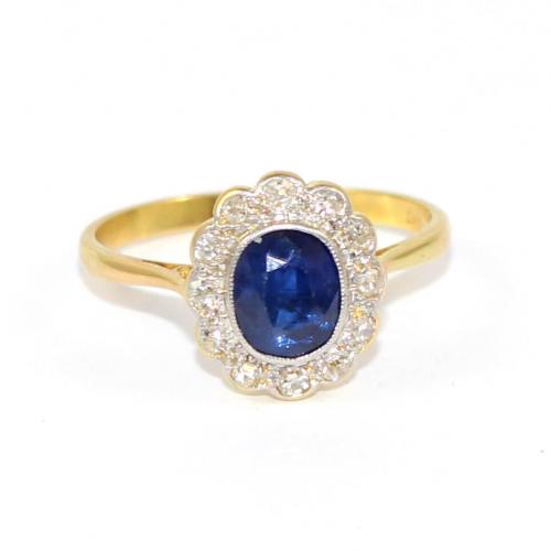 Edwardian Oval Sapphire & Diamond Cluster Ring c.1915