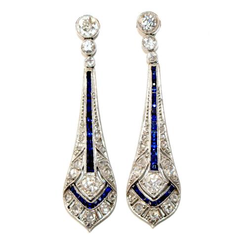 Art Deco French Sapphire & Diamond Drop Earrings c.1930