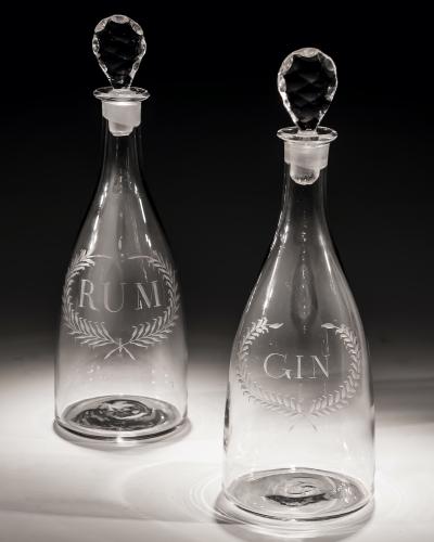 A Finely Engraved Pair of Labelled Rum & Gin Tapered Georgian Decanters