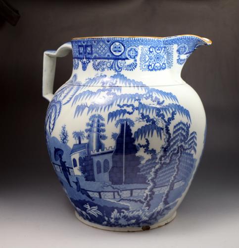 Massive blue and white Pitcher transfer print pattern Chinoiserie Ruins by Davenport circa 1820