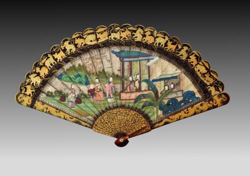 A Chinese Export Black Lacquer and Painted Landscape Fan Qing Dynasty, Daoguang Period, Circa 1820 - 1830