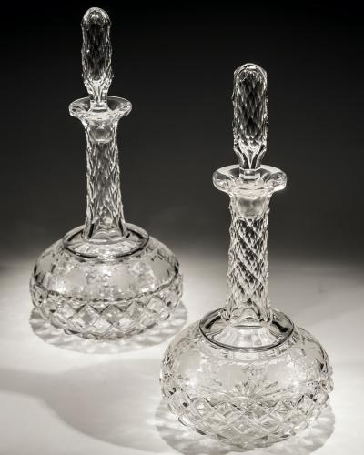 A Pair of Victorian Cut Glass Shaft & Globe Decanters Engraved with Fruiting Vine