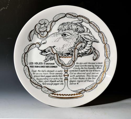 Piero Fornasetti Fleming Joffe Porcelain Recipe Plate, Les Ioles- A Sausage Made From A Sweet Kid's Stomach, 1960s