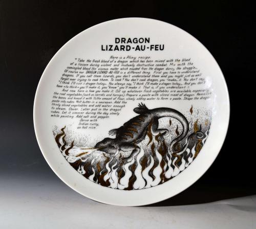 Piero Fornasetti Fleming Joffe Cook Plate, Dragon Lizard-au-Feu, Silkscreen & Transfer, 1960's