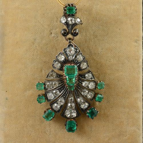 Victorian gold on silver emerald and diamond pendant circa 1880