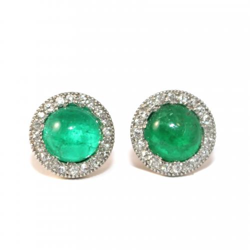 Art Deco Cabochon Emerald and Diamond Cluster Earrings c.1930