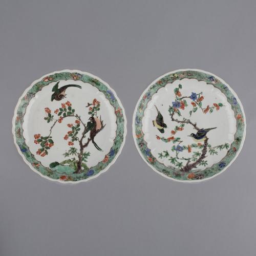Pair of Chinese porcelain famille verte saucer dishes, Kangxi, 1662-1722