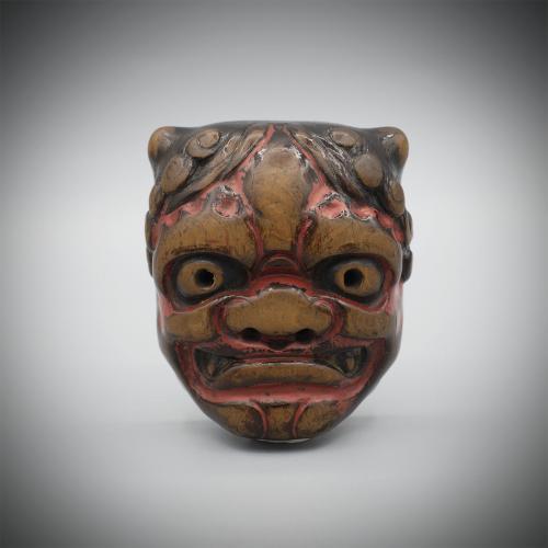 Large Old Wood Netsuke of an Oni Mask 