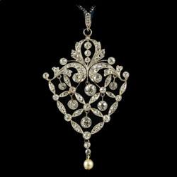 Platinum set Edwardian diamond and pearl pendant, circa 1910