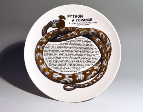 Piero Fornasetti Fleming Joffe Porcelain Recipe Plate, Python A La Orange, 1960s