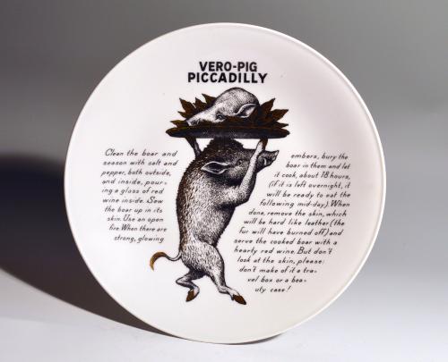 Piero Fornasetti Fleming Joffe Porcelain Recipe Plate, Vero Pig Piccadilly, 1960s