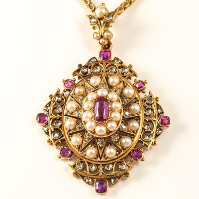 Victorian gold Burmese rubies, diamond and pearls pendant, circa 1880