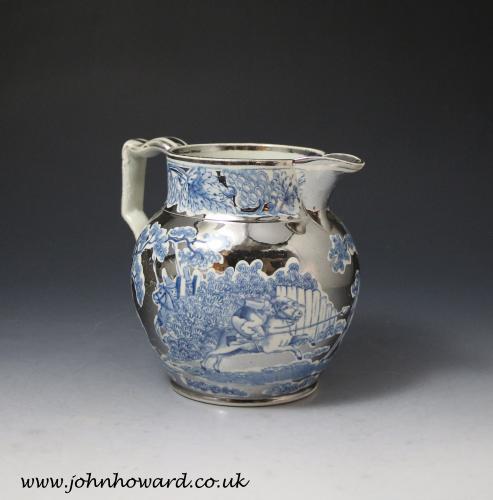 Silver luster pitcher with underglaze blue and white transfer prints of Cossacks