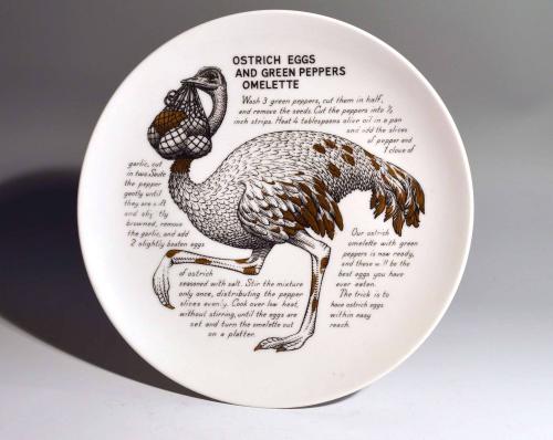 Piero Fornasetti Fleming Joffe Porcelain Recipe Plate, Ostrich Eggs and Green Peppers Omelette, 1960s