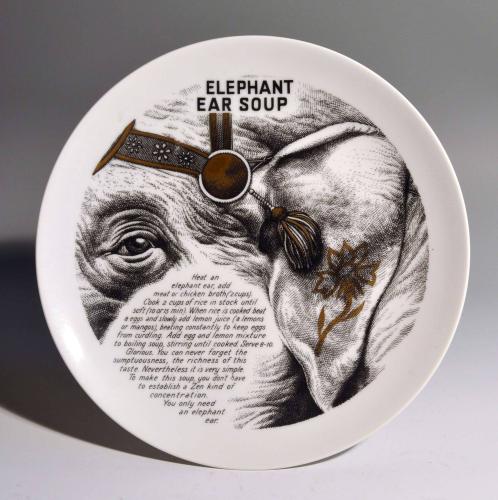 Piero Fornasetti Fleming Joffe Porcelain Recipe Plate, Elephant Ear Soup, 1960s